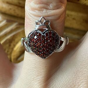 Natural Red Garnet Sterling Silver Claddagh Ring Size 6